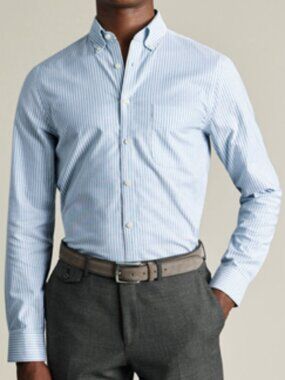 Charles Tyrwhitt Blue/White Non-Iron Stretch Oxford Stripe Slim Shirt in Neck 15